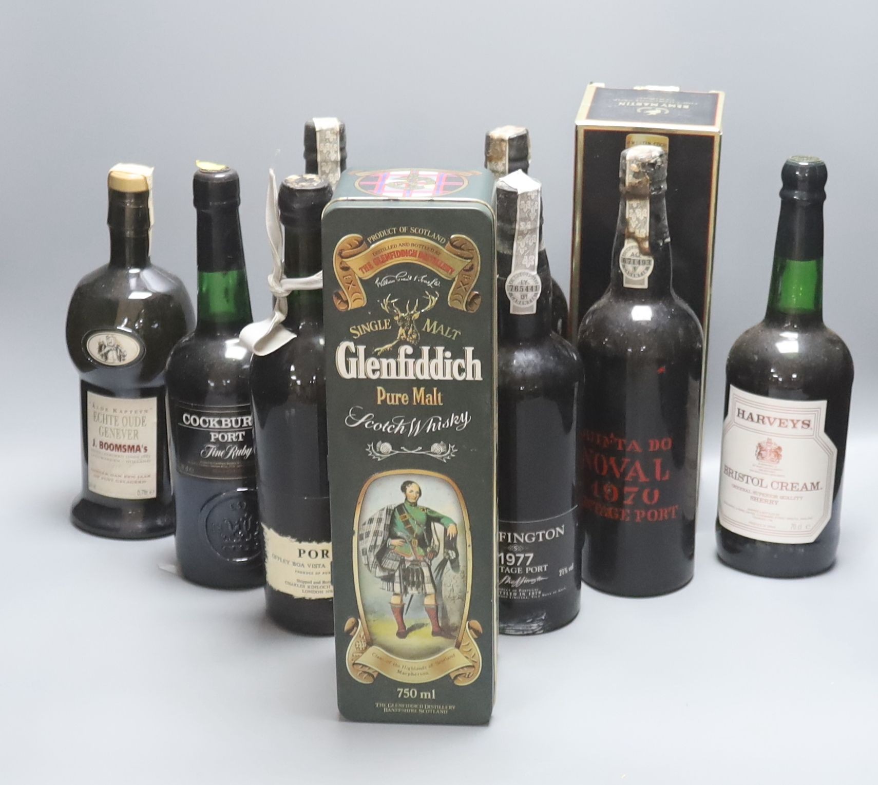 A group of assorterd wines and spirits comprising Quinta de Noval 1970 Vintage Port (3), Skeffington 1977 Vintage Port, Offley Boa Vista 1963 Vintage Port, Harveys Bristol Cream